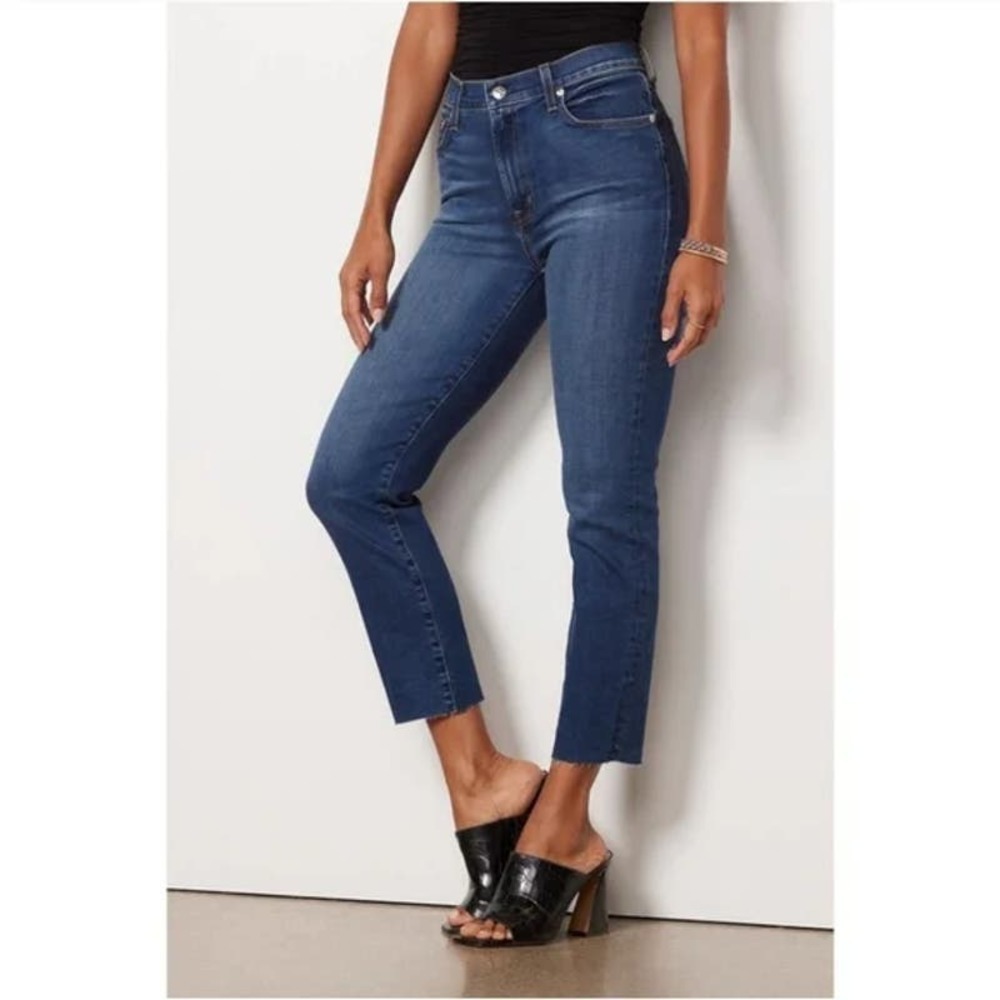 Edwin Bree Slim Fit Cut Raw Hem Straight Leg Crop Jeans in Deja Blue Women's 26